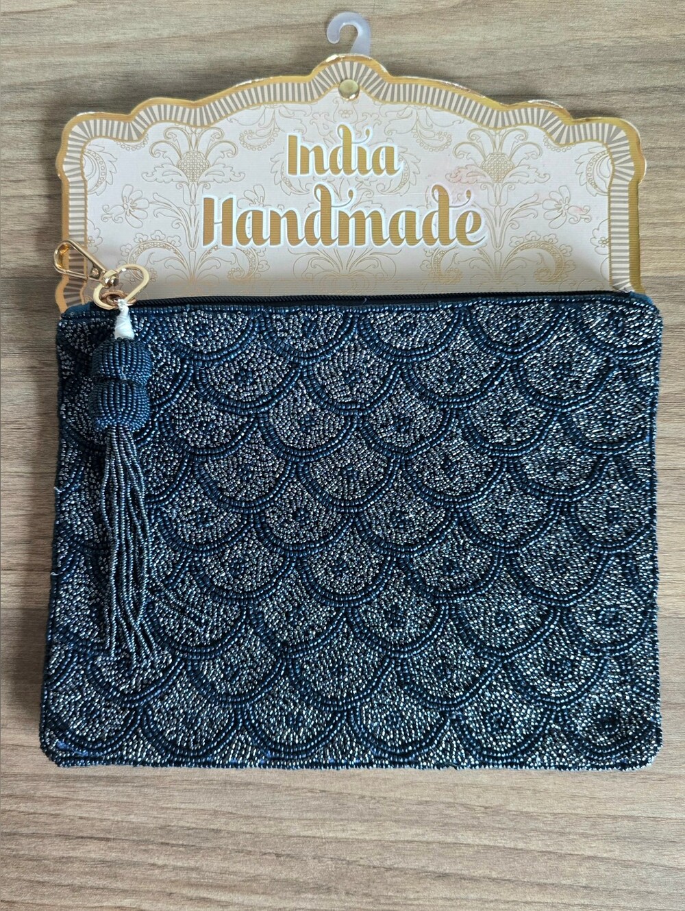 NWT India Handmade Blue Beaded Clutch Scalloped Clutch 7"x11"
